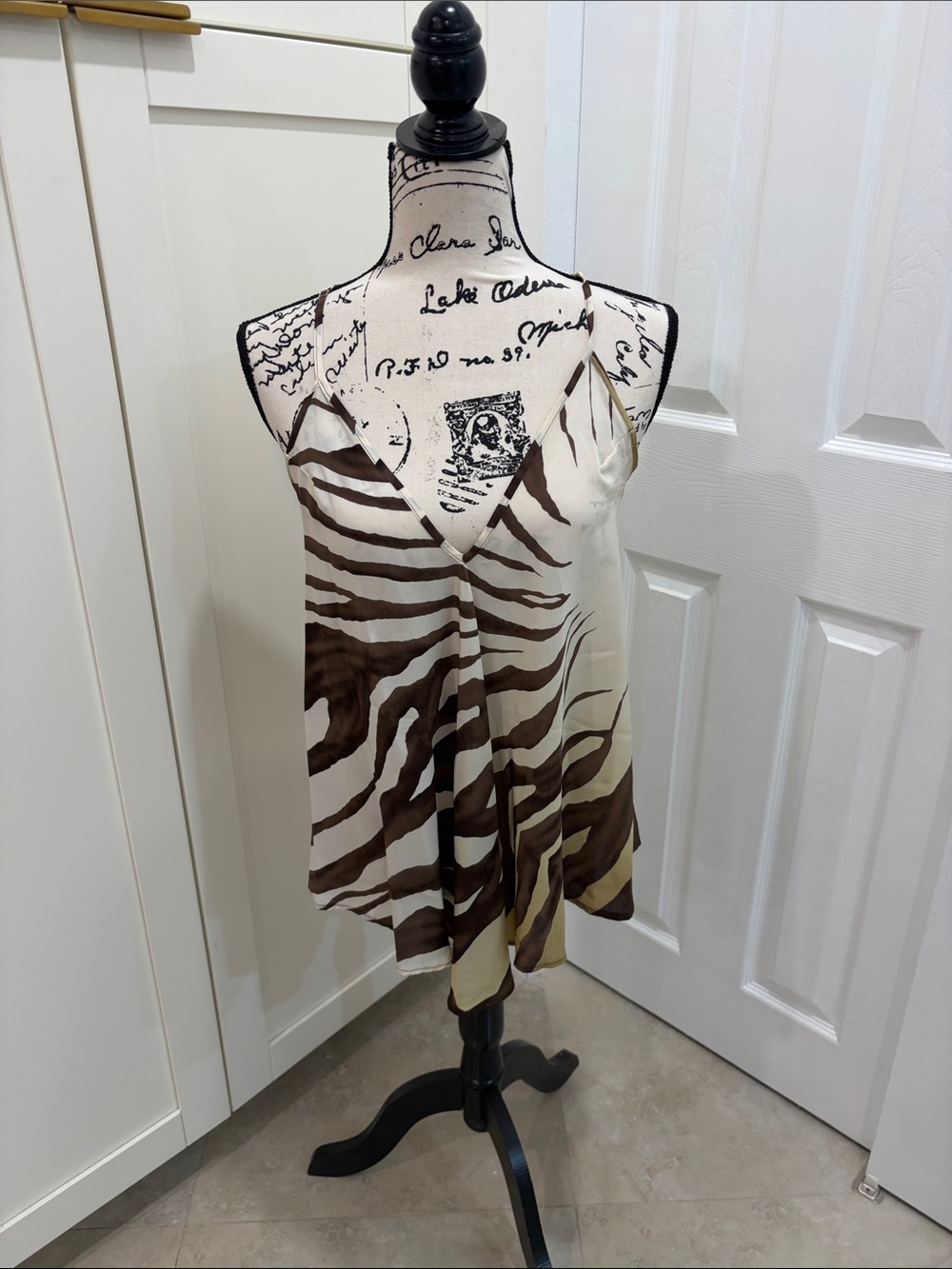 Allison Joy Brown & Cream Zebra-Stripe 100% Silk Cami